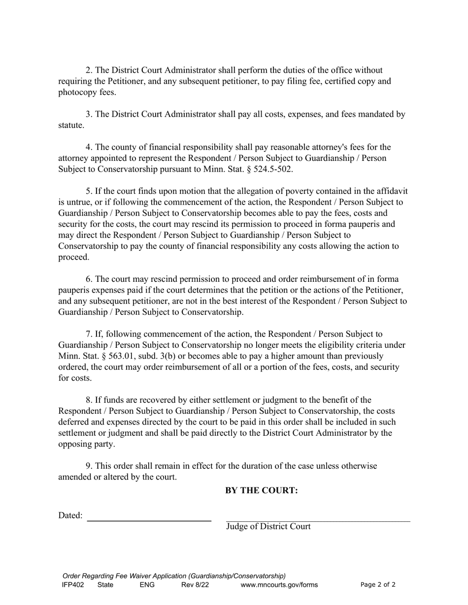 Form IFP402 Order for Proceeding in Forma Pauperis (Guardianship / Conservatorship) - Minnesota, Page 2