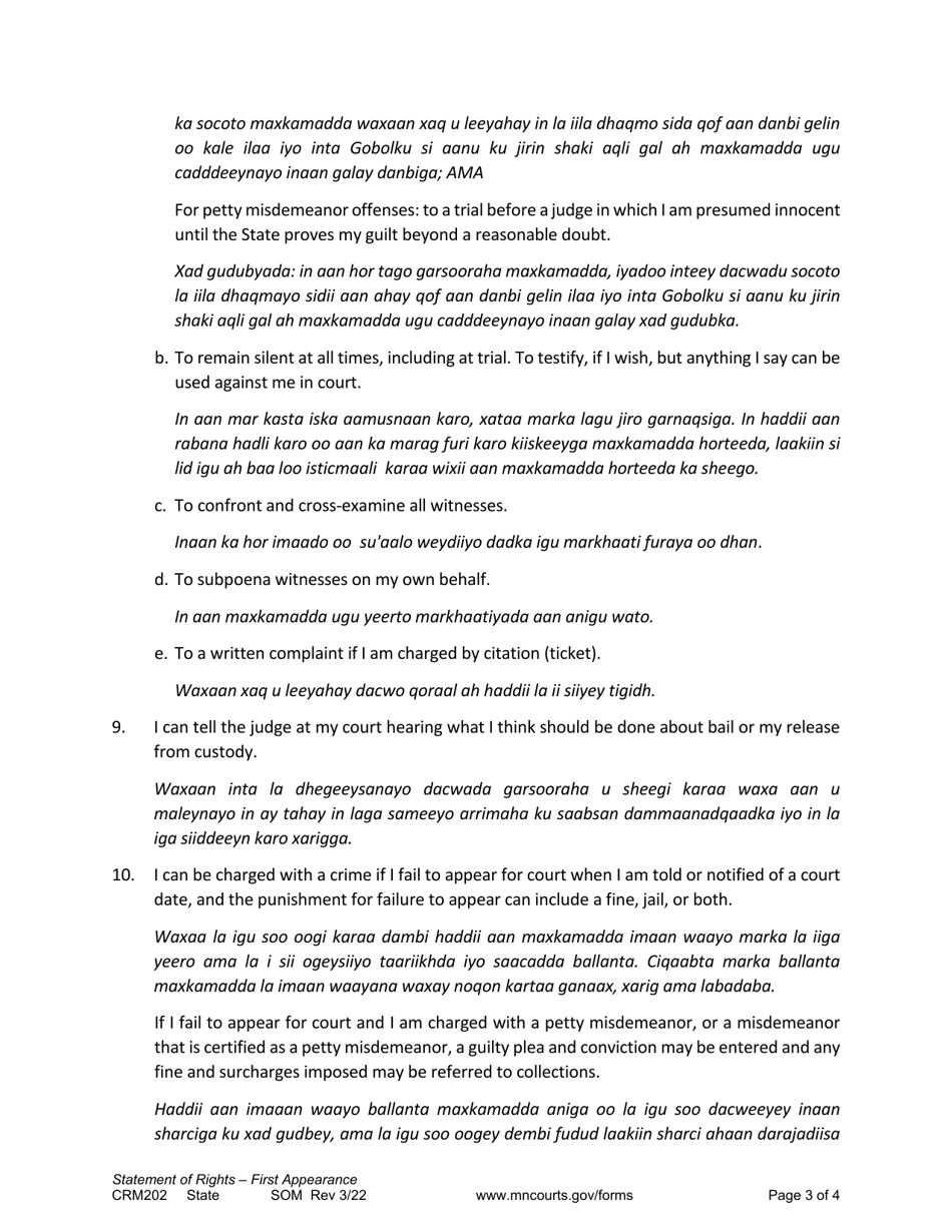 Form CRM202 First Appearance Statement of Rights - Minnesota (English / Somali), Page 3