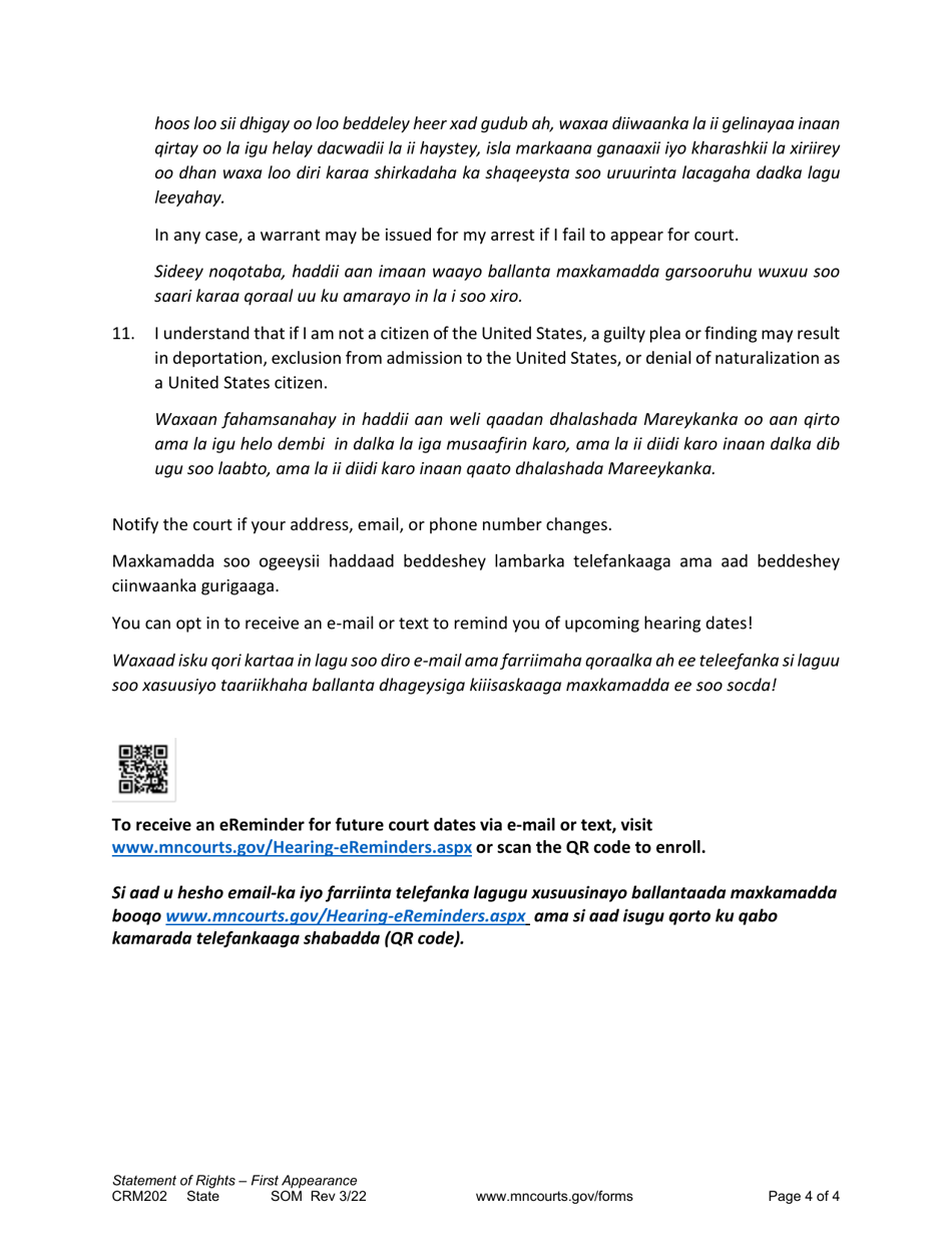 Form CRM202 First Appearance Statement of Rights - Minnesota (English / Somali), Page 4