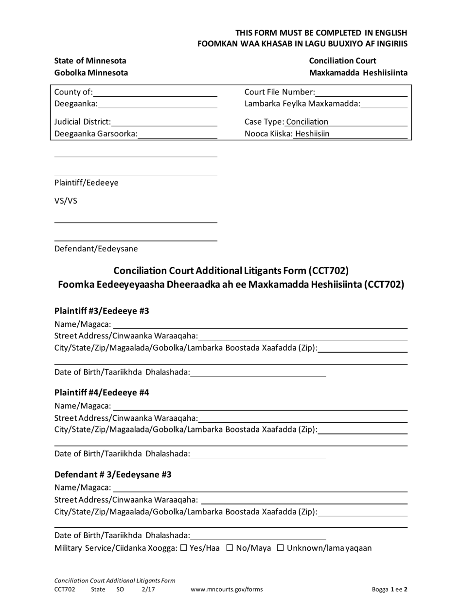 Form CCT702 Conciliation Court Additional Litigants Form - Minnesota (English / Somali), Page 1