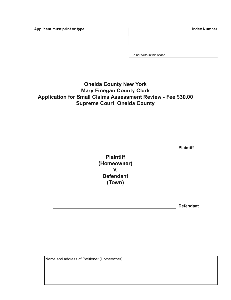 Application for Small Claims Assessment Review - Cover Page - Oneida County, New York, Page 1
