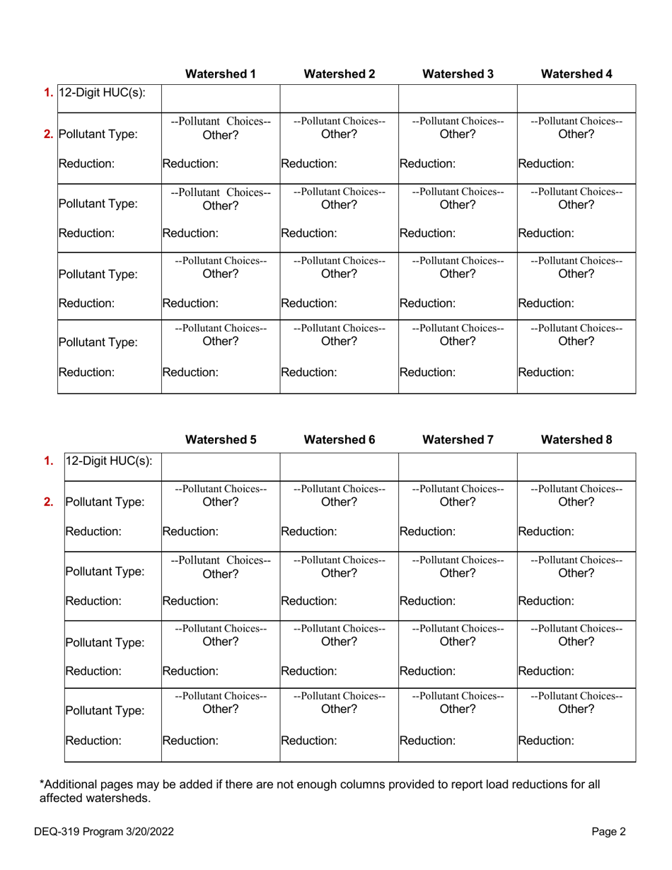 Form DEQ-319 Oregon 319 Grant Load Reductions Reporting Sheet - Oregon, Page 2