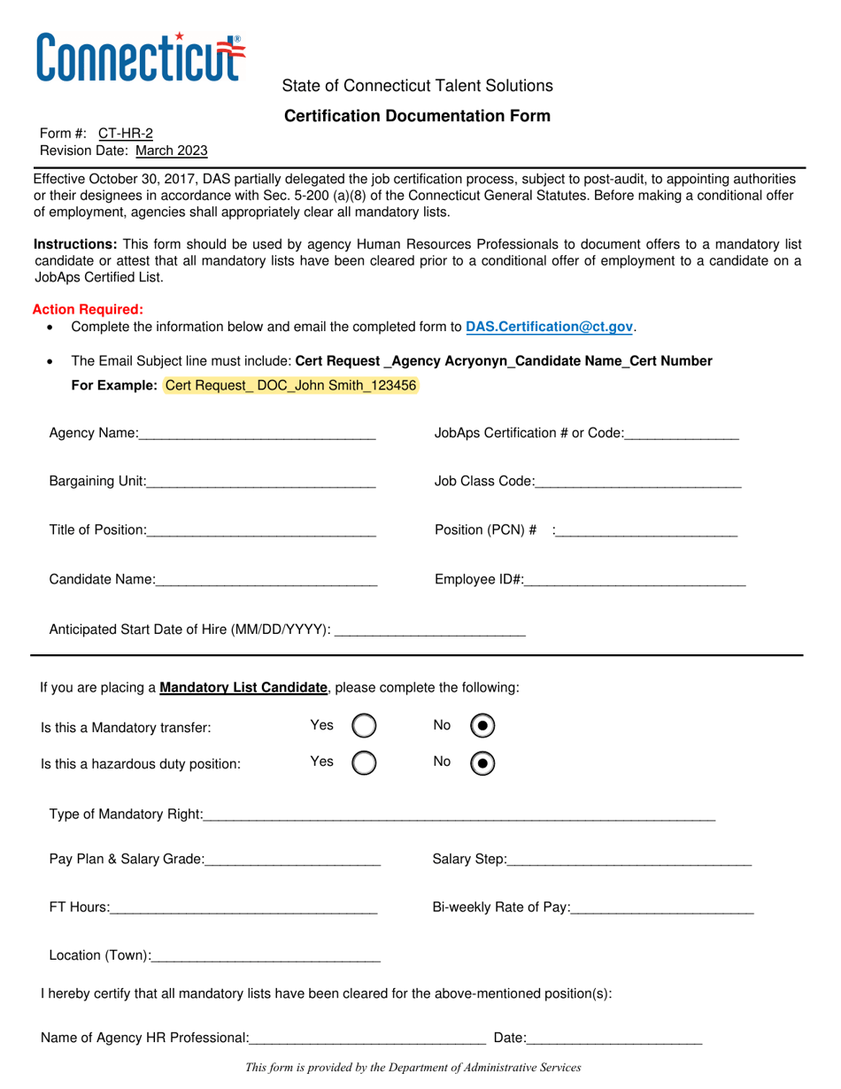 Form CT-HR-2 Certification Documentation Form - Connecticut, Page 1