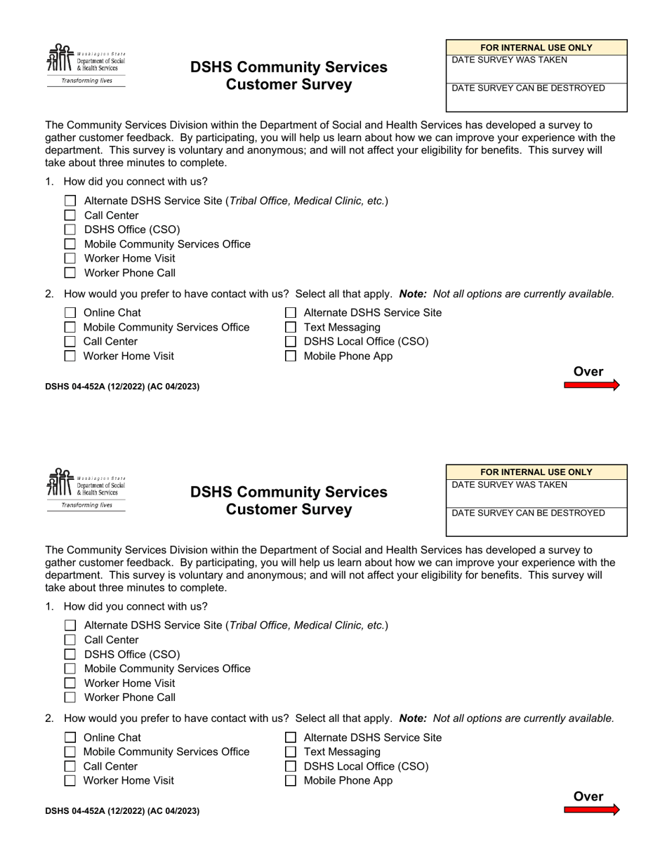 Dshs Form 04 452a Download Printable Pdf Or Fill Online Dshs Community Services Customer Survey 5072