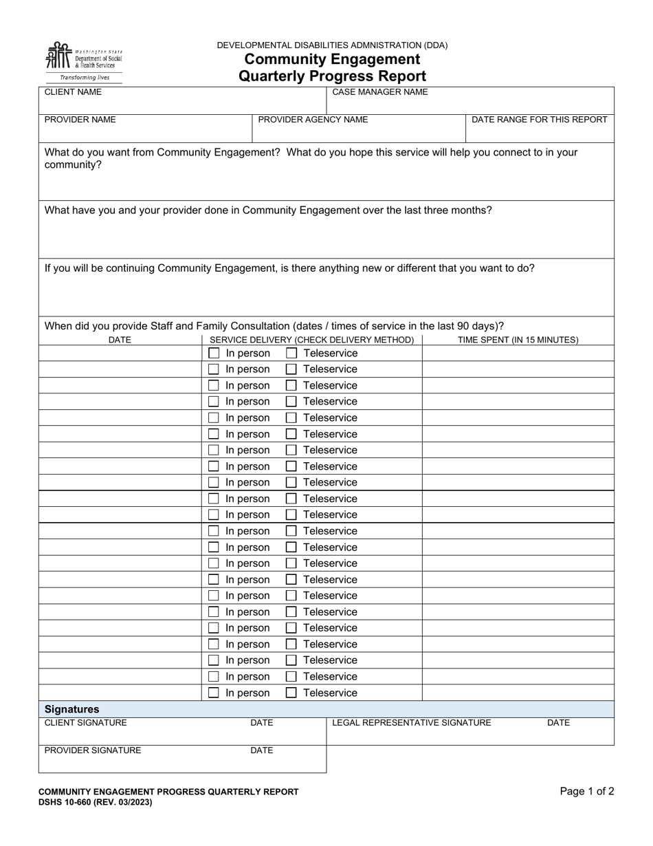 DSHS Form 10-660 Community Engagement Quarterly Progress Report - Washington, Page 1