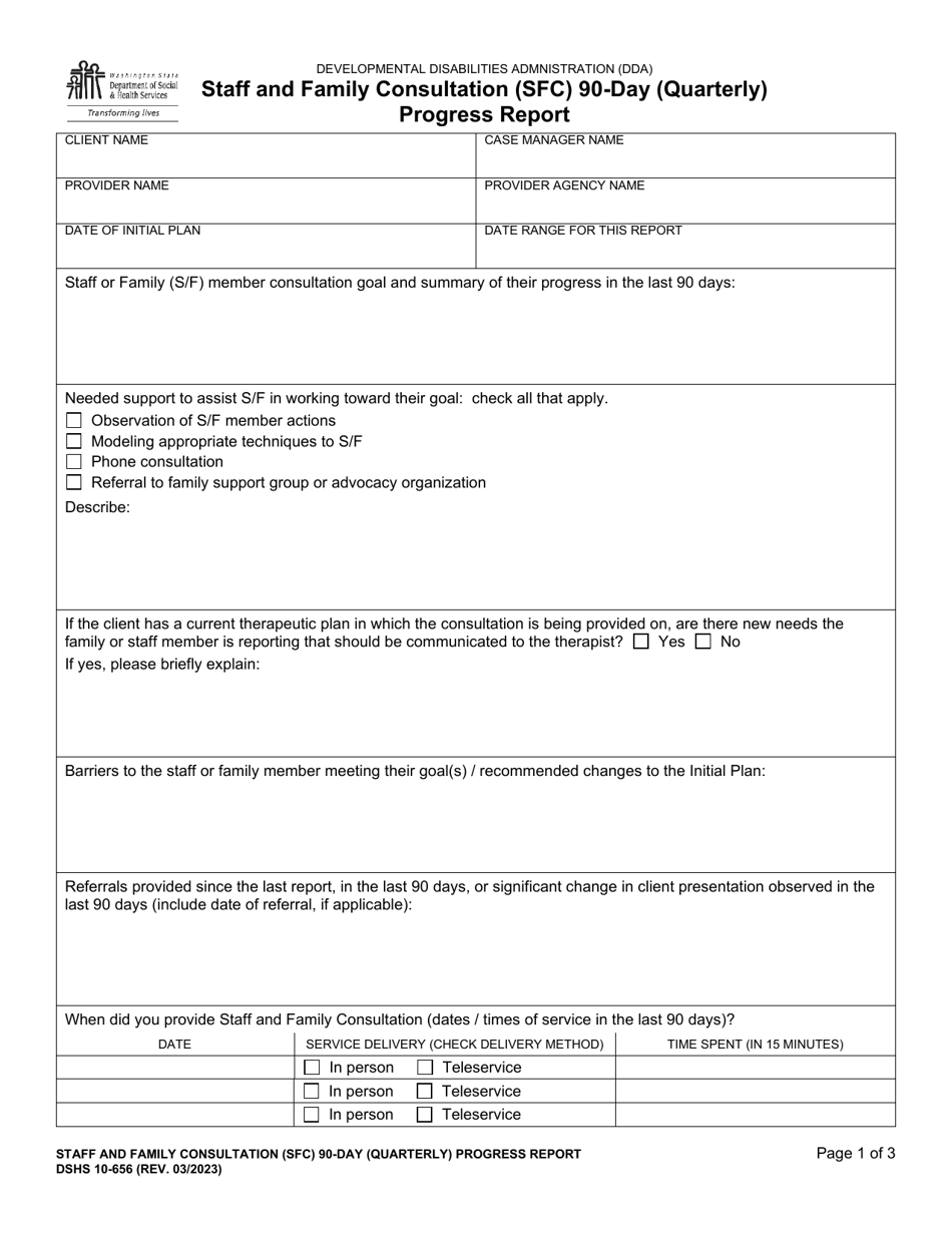 DSHS Form 10-656 Staff and Family Consultation (Sfc) 90-day (Quarterly) Progress Report - Washington, Page 1