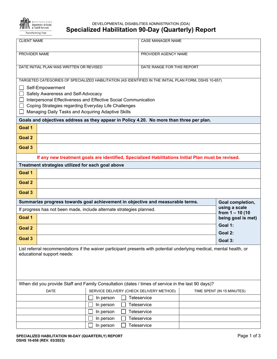 DSHS Form 10-658 Specialized Habilitation 90-day (Quarterly) Report - Washington, Page 1