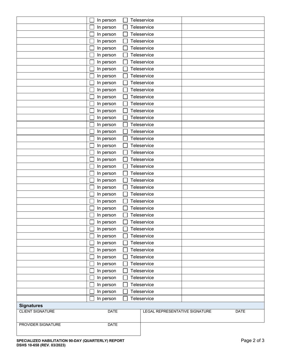 DSHS Form 10-658 Specialized Habilitation 90-day (Quarterly) Report - Washington, Page 2