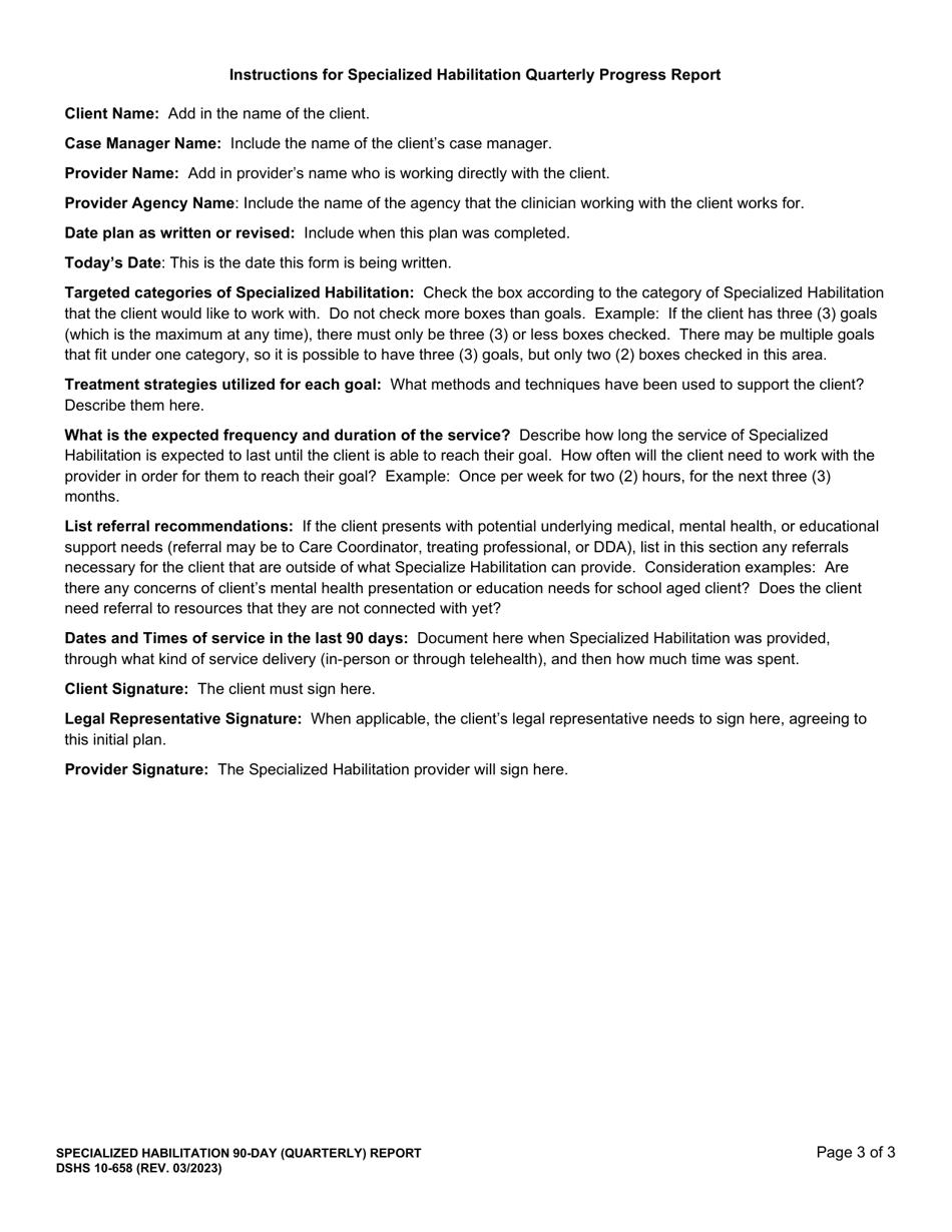 DSHS Form 10-658 Specialized Habilitation 90-day (Quarterly) Report - Washington, Page 3
