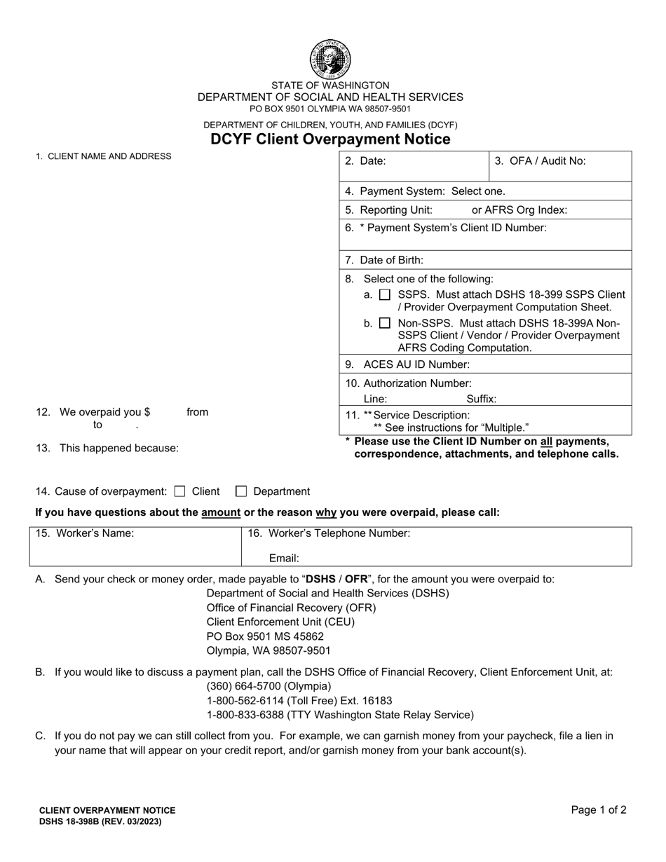 DSHS Form 18-398B Download Printable PDF Or Fill Online Dcyf Client ...