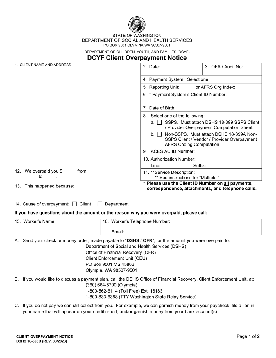 DSHS Form 18-398B Dcyf Client Overpayment Notice - Washington, Page 1