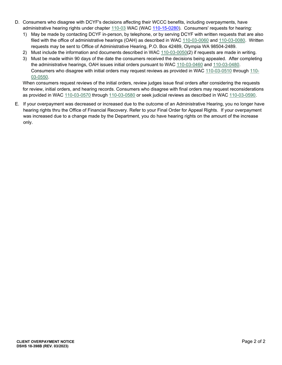 DSHS Form 18-398B Dcyf Client Overpayment Notice - Washington, Page 2