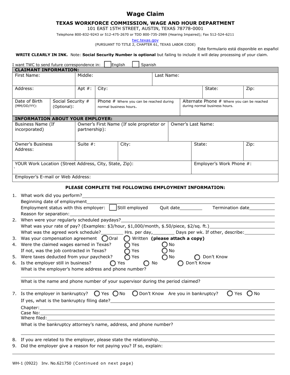 Form Wh-1 - Fill Out, Sign Online And Download Fillable Pdf, Texas 