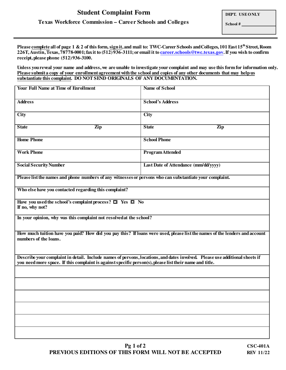 Form CSC-401A Student Complaint Form - Texas, Page 1