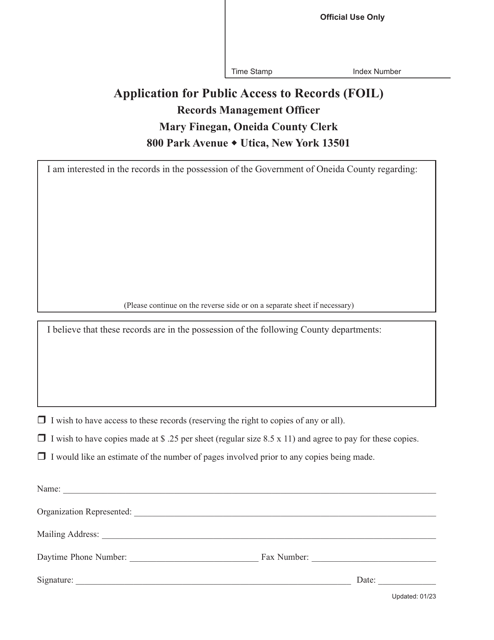 Application for Public Access to Records (Foil) - Oneida County, New York Download Pdf