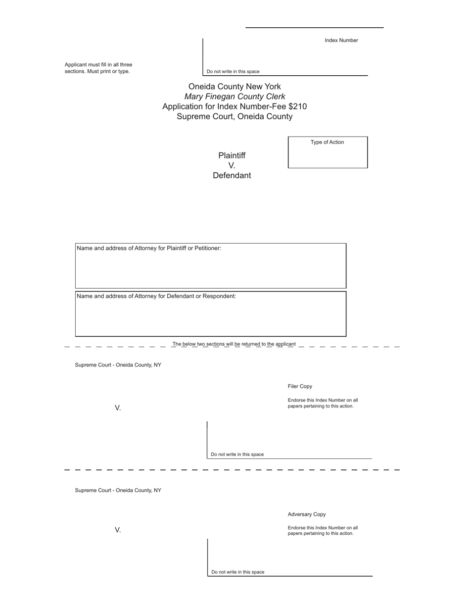 Oneida County, New York Application for Index Number Download Printable PDF 2005 — 2024