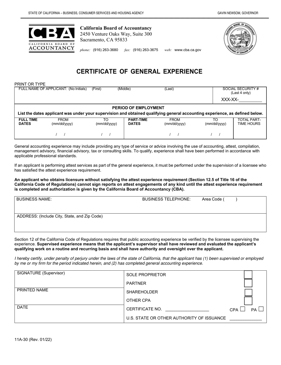 Form 11A-30 Certificate of General Experience - California, Page 2