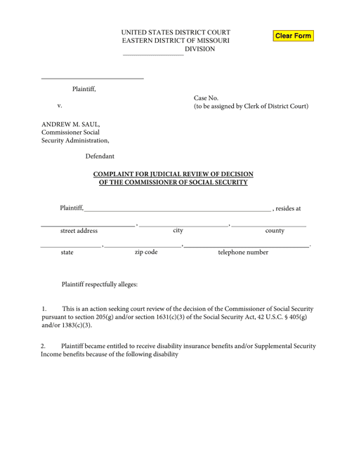 Complaint for Judicial Review of Decision of the Commissioner of Social Security - Missouri Download Pdf