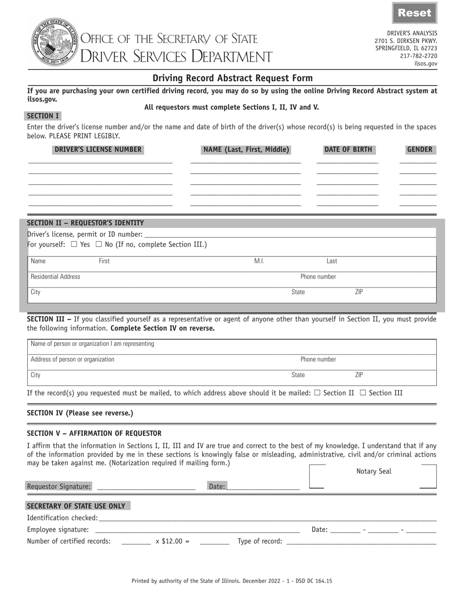 Form DSD DC164.15 Driving Record Abstract Request Form - Illinois, Page 1