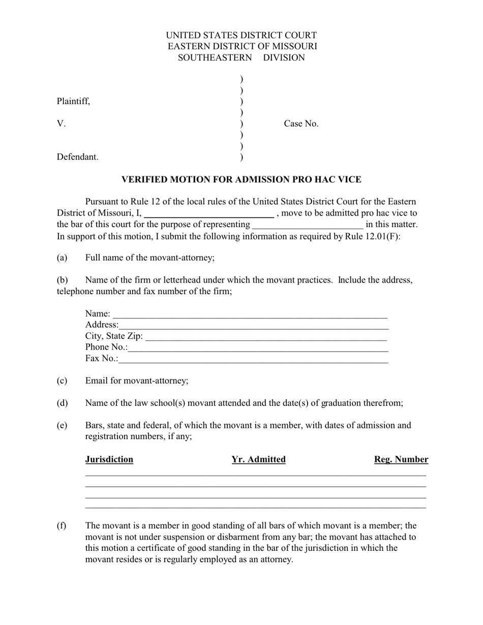 Verified Motion for Admission Pro Hac Vice - Missouri, Page 1