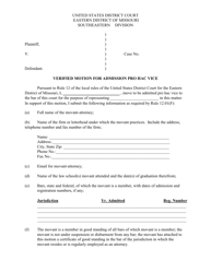 Missouri Verified Motion For Admission Pro Hac Vice Fill Out Sign