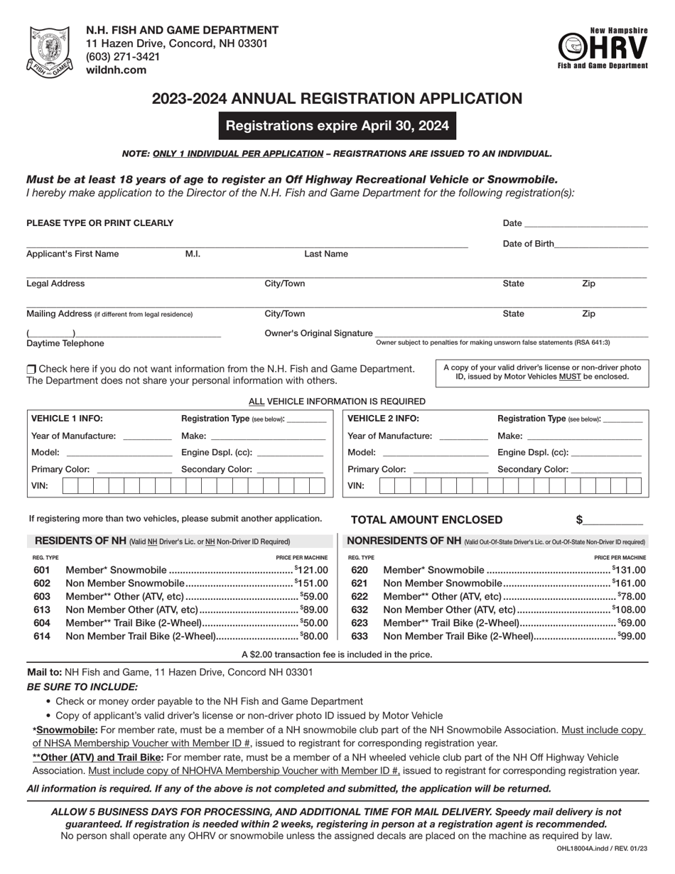 Form OHL18004A Annual Registration Application - New Hampshire, Page 1