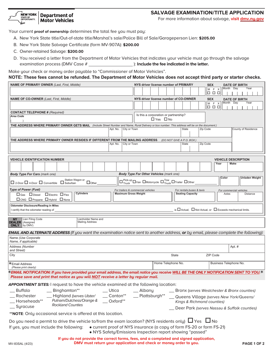 Form Mv 83sal Download Fillable Pdf Or Fill Online Salvage Examinationtitle Application New 6990