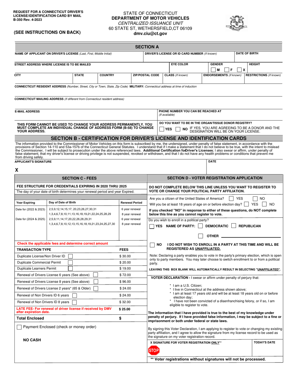 Form B-350 Request for a Connecticut Drivers License / Identification Card by Mail - Connecticut, Page 1