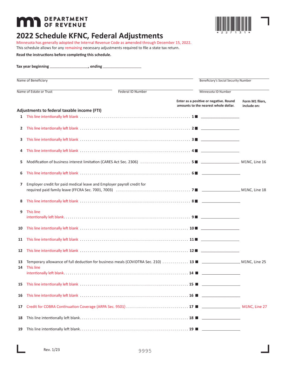 Schedule KFNC Federal Adjustments - Minnesota, Page 1
