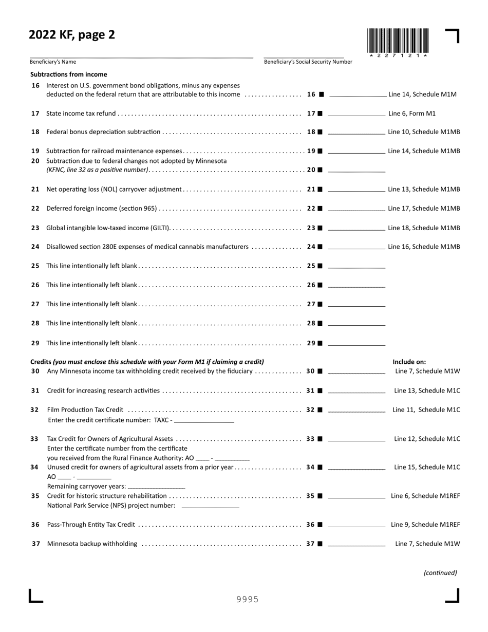Schedule KF Beneficiarys Share of Minnesota Taxable Income - Minnesota, Page 2
