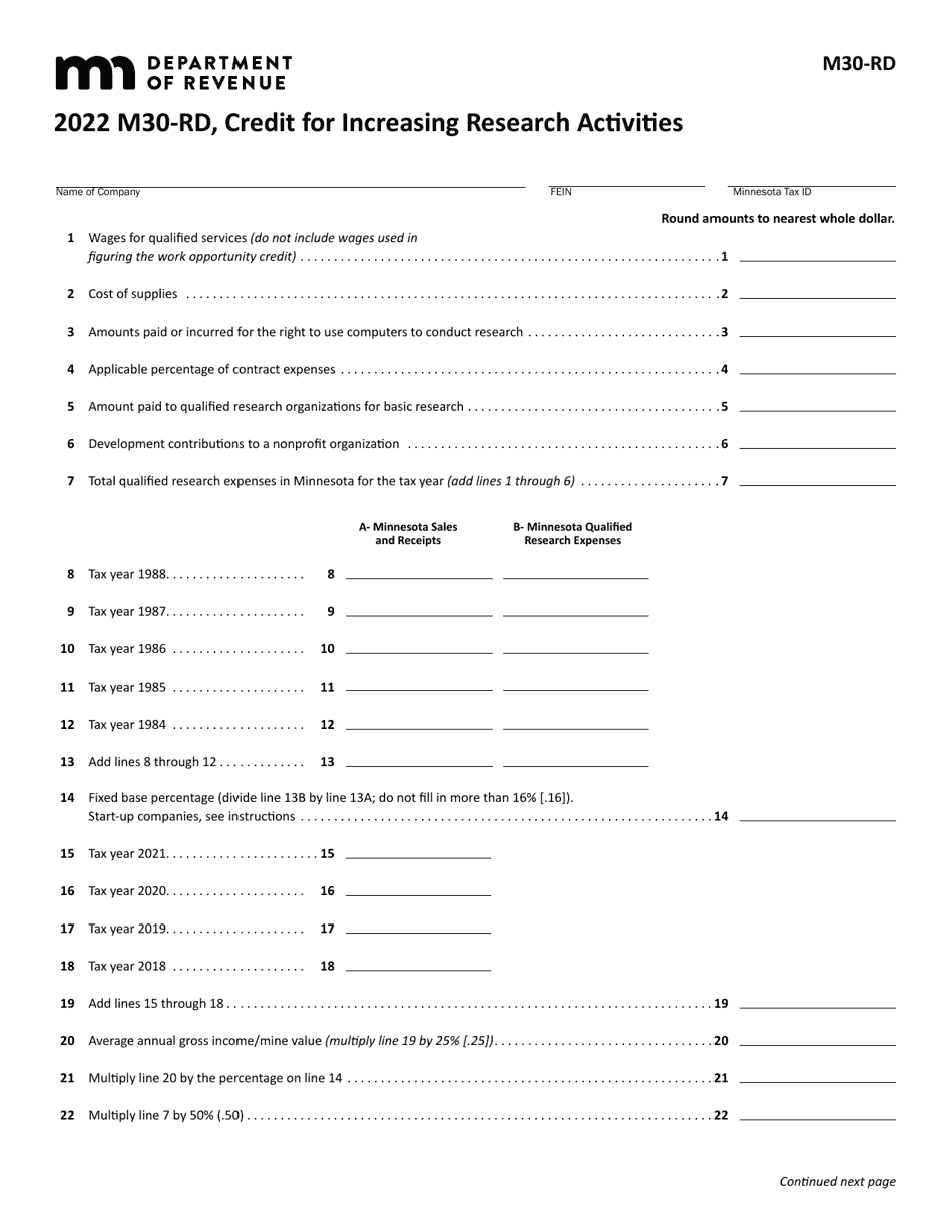 Form M30-RD Credit for Increasing Research Activities - Minnesota, Page 1