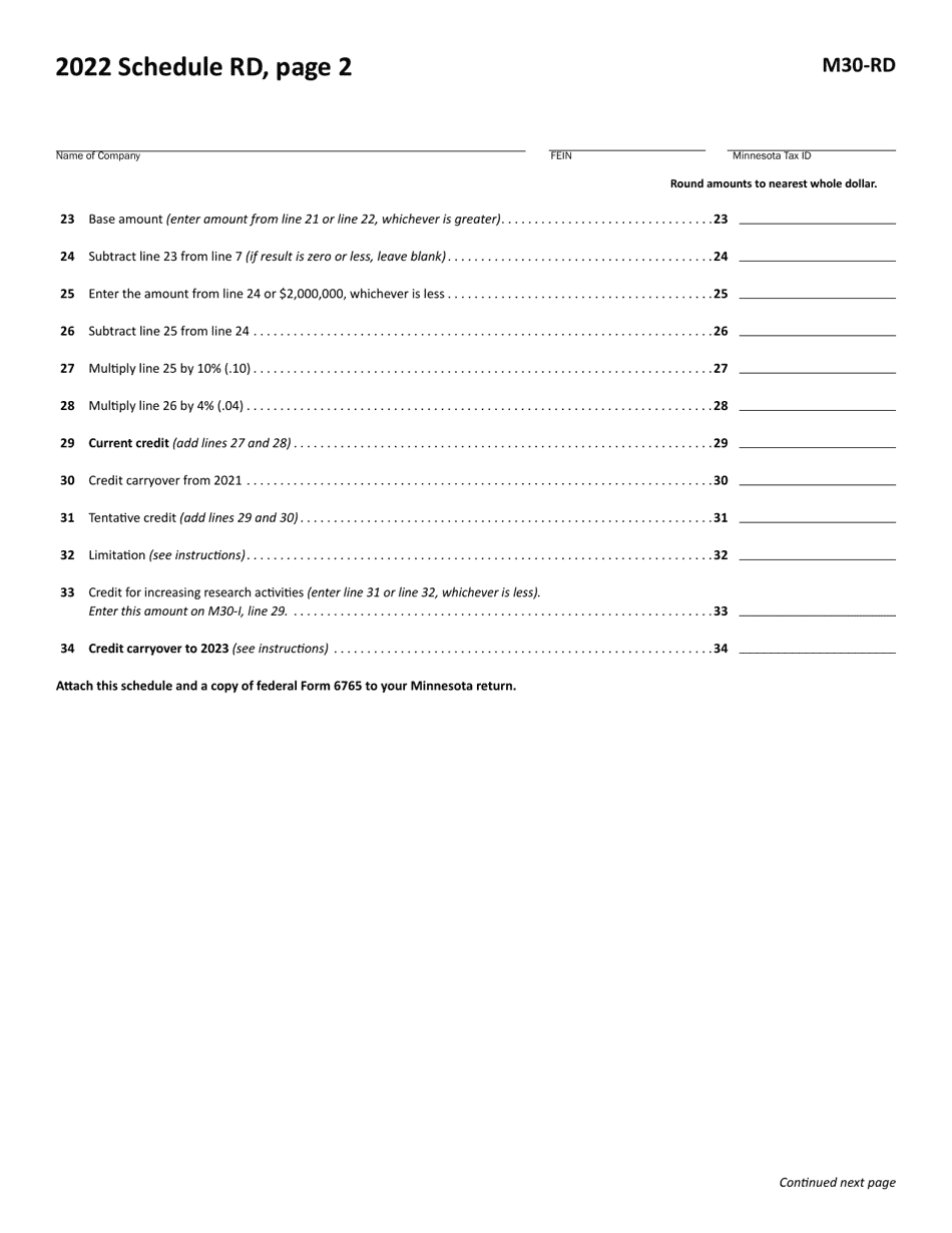 Form M30-RD Credit for Increasing Research Activities - Minnesota, Page 2