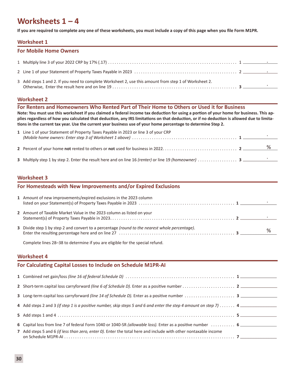 Instructions for Form M1PR Homestead Credit Refund (For Homeowners) and Renters Property Tax Refund - Minnesota, Page 30