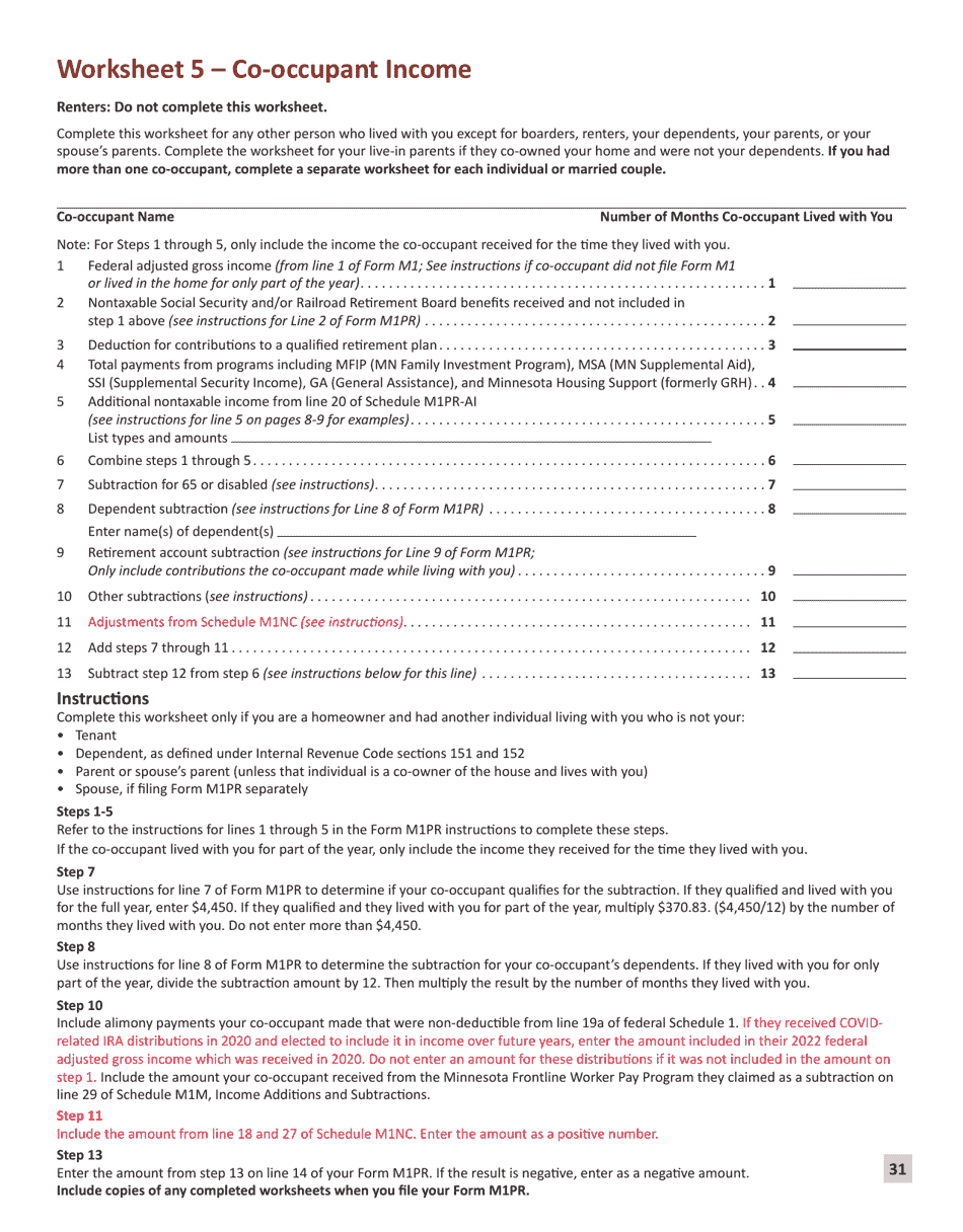Instructions for Form M1PR Homestead Credit Refund (For Homeowners) and Renters Property Tax Refund - Minnesota, Page 31