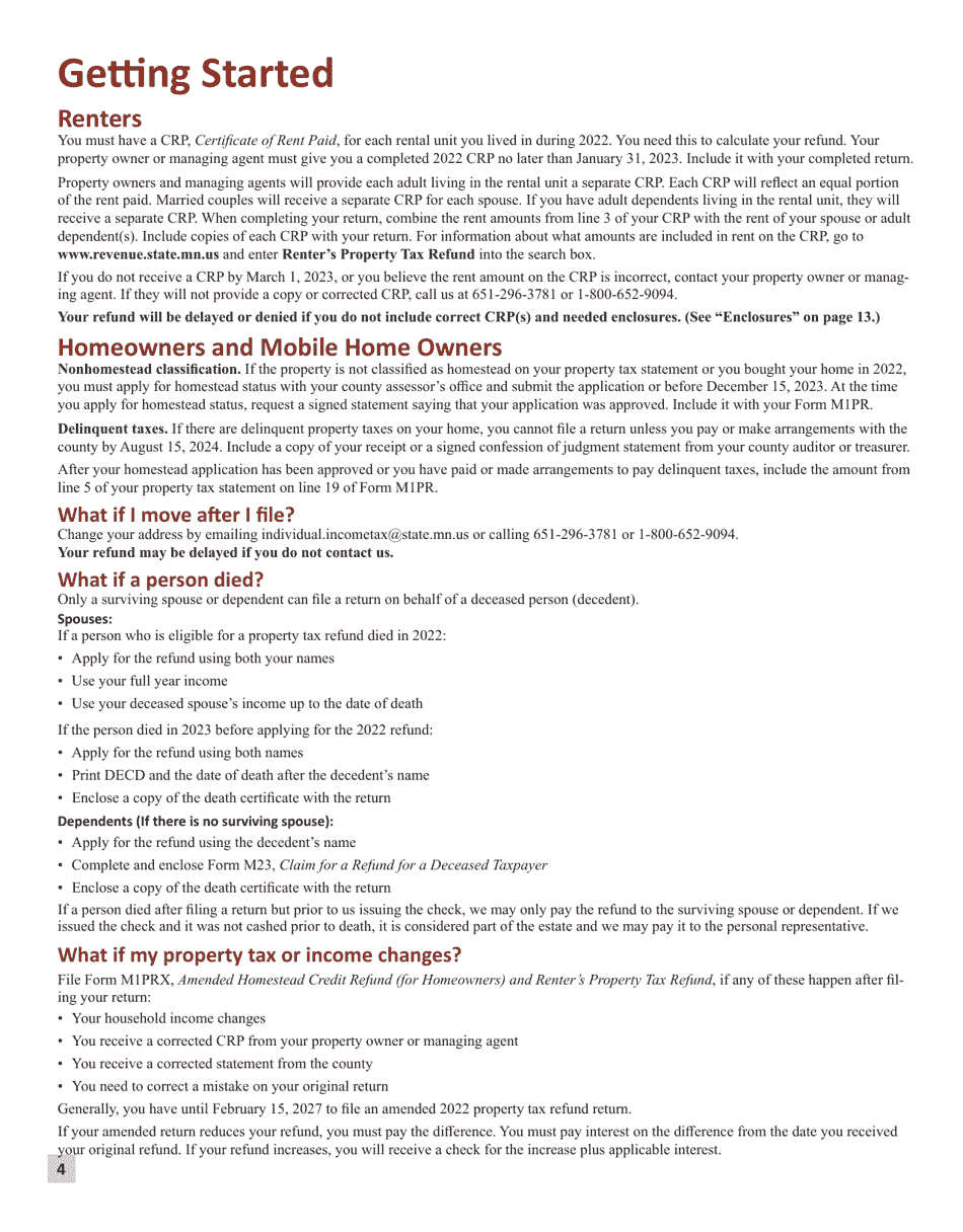 Instructions for Form M1PR Homestead Credit Refund (For Homeowners) and Renters Property Tax Refund - Minnesota, Page 4