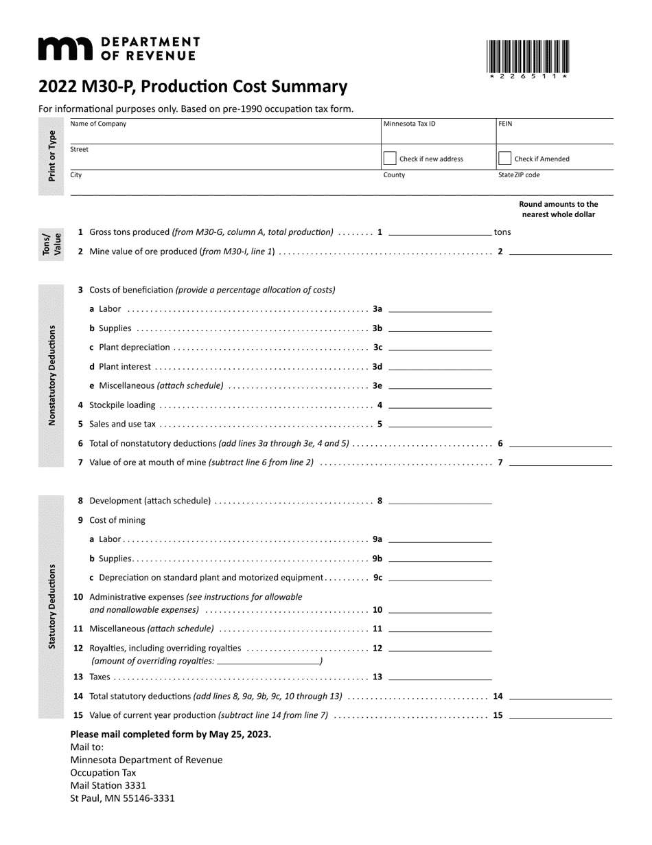 Form M30-P Production Cost Summary - Minnesota, Page 1