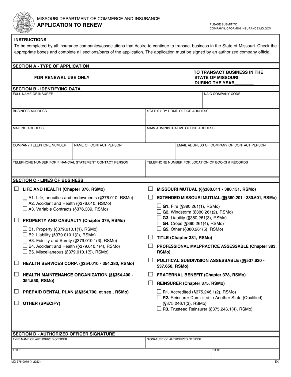 Form MO375-0079 Application to Renew Certificate of Authority - Missouri, Page 1