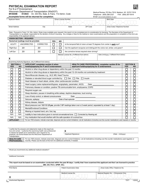 Form MV3030B Physical Examination Report for S or P Endorsement (School Bus Drivers) - Wisconsin