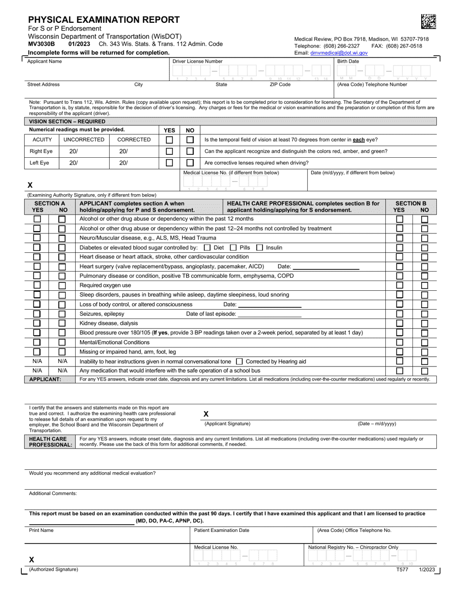 Form MV3030B Physical Examination Report for S or P Endorsement (School Bus Drivers) - Wisconsin, Page 1