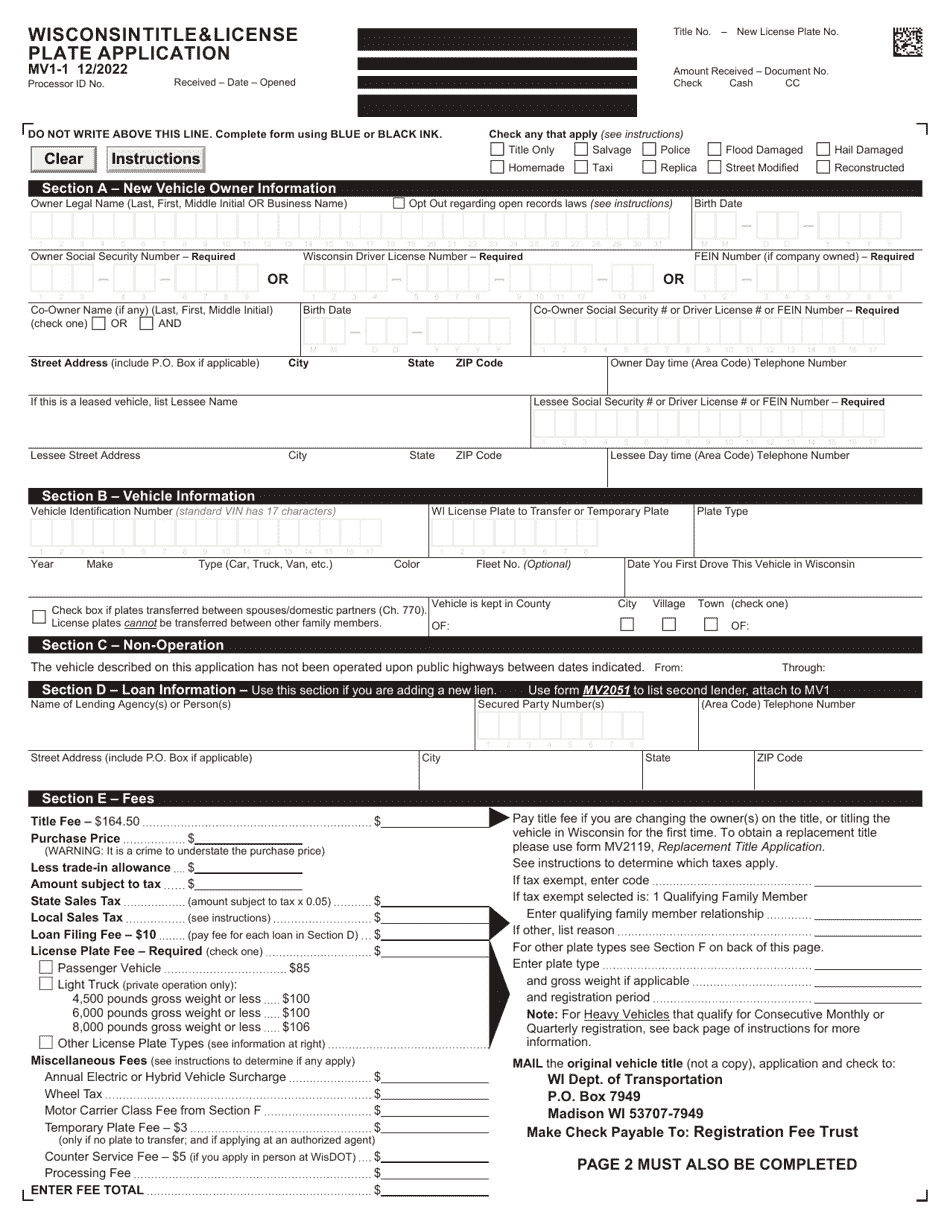 Form MV1 Wisconsin Title  License Plate Application - Wisconsin, Page 3
