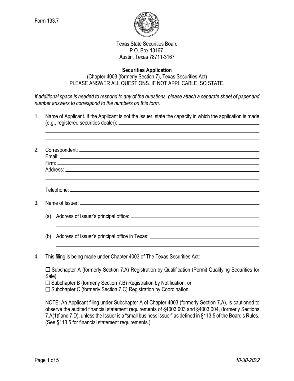 Form 133.7 Securities Application - Texas, Page 1