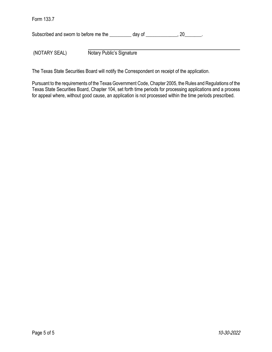 Form 133.7 Securities Application - Texas, Page 5