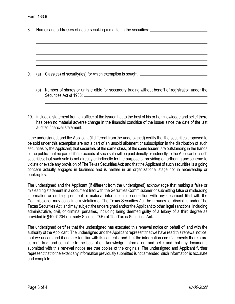 Form 133.6 Secondary Trading Exemption Renewal Notice - Texas, Page 3