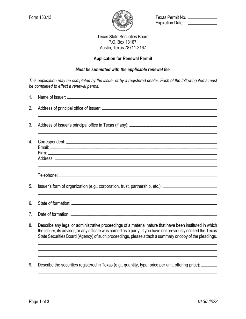 Form 133.13 Application for Renewal Permit - Texas, Page 1