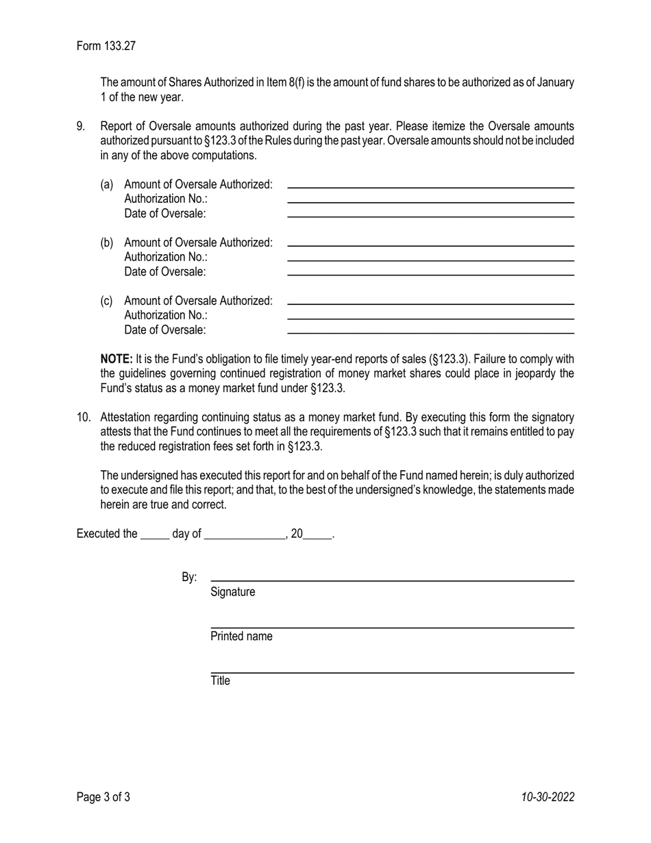 Form 133.27 Year-End Report of Sales of Federal Covered Securities by a Money Market Fund - Texas, Page 3
