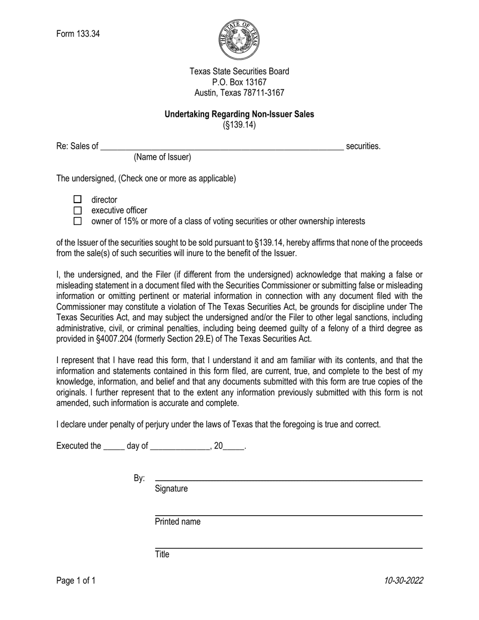 Form 133.34 Undertaking Regarding Non-issuer Sales - Texas, Page 1