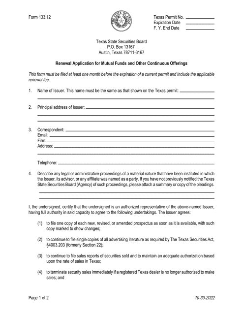 Form 133.12 Renewal Application for Mutual Funds and Other Continuous Offerings - Texas