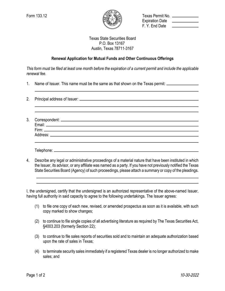 Form 133.12 Renewal Application for Mutual Funds and Other Continuous Offerings - Texas, Page 1