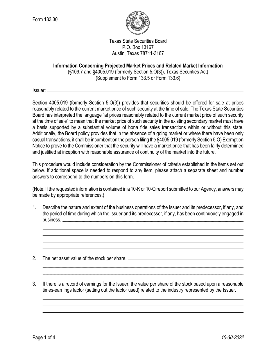 Form 133.30 Information Concerning Projected Market Prices and Related Market Information - Texas, Page 1