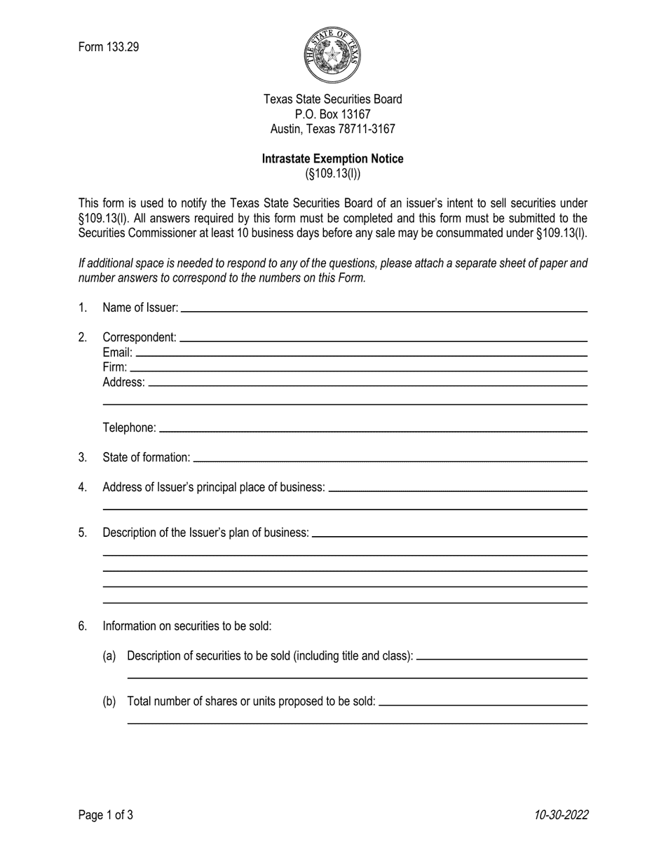 Form 133.29 Intrastate Exemption Notice - Texas, Page 1